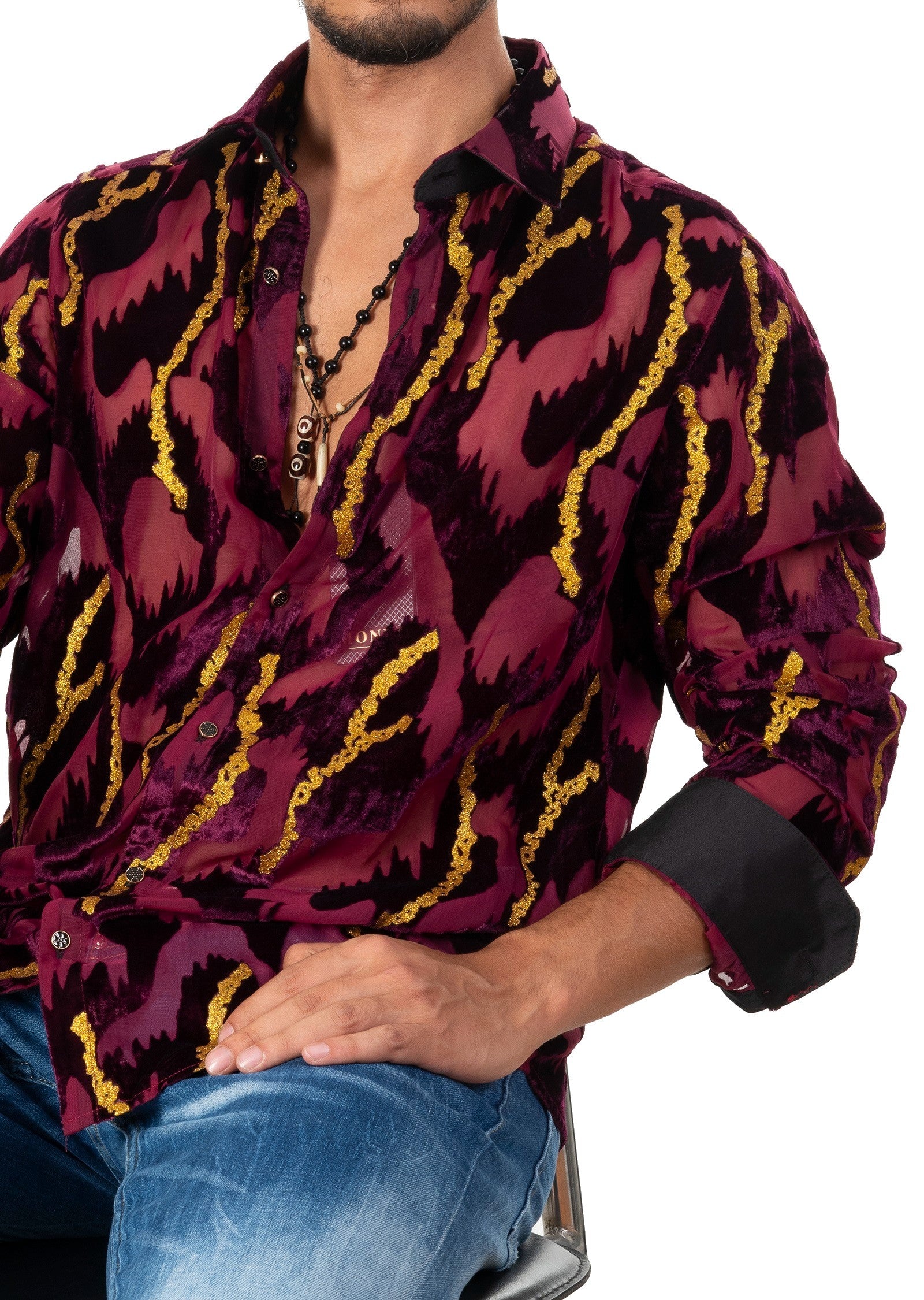 Burgundy Gold Foil Velvet Sheer Shirt