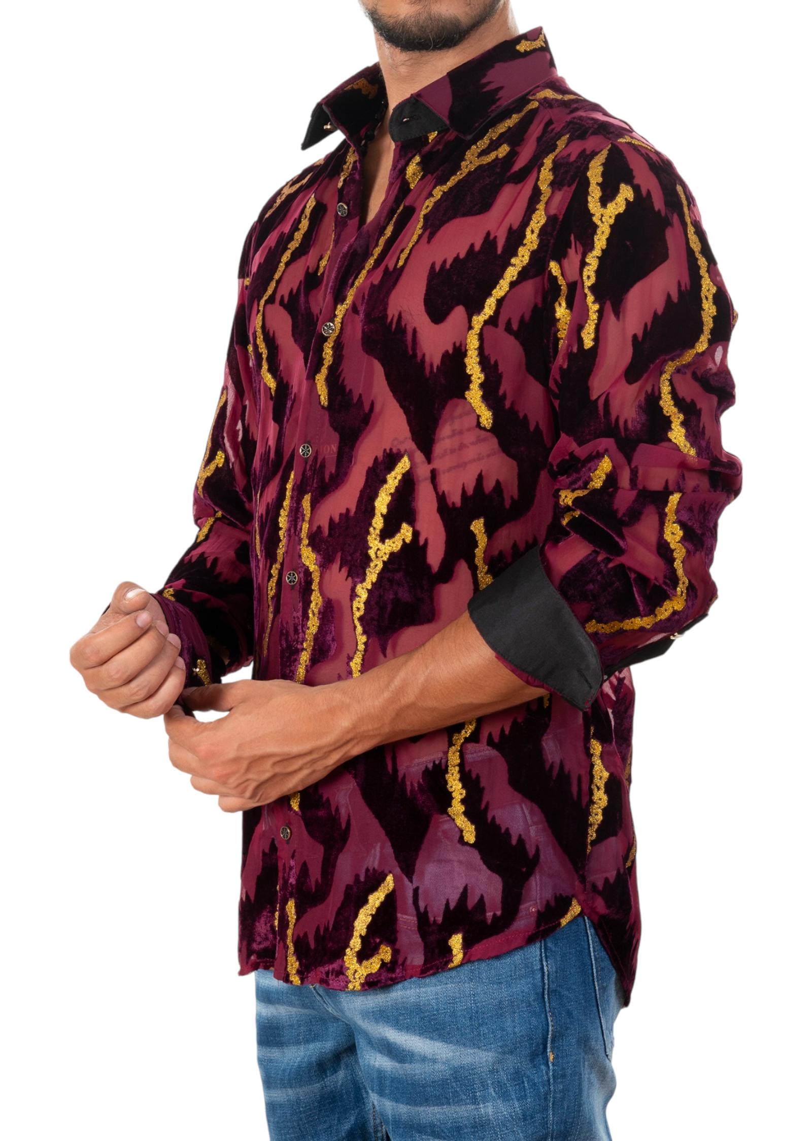 Burgundy Gold Foil Velvet Sheer Shirt