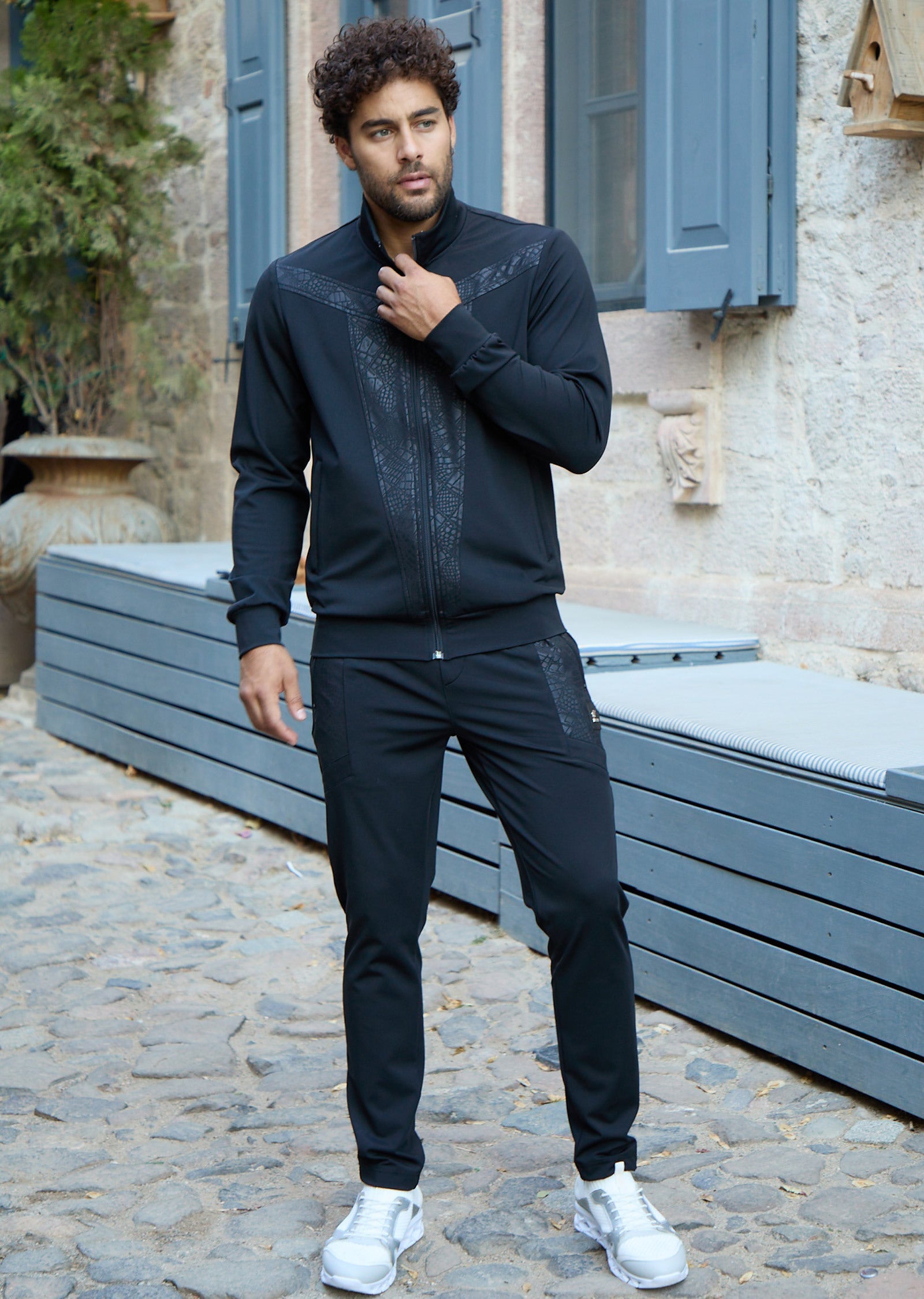 Black Contrast Print Tech 2-pcs Tracksuit