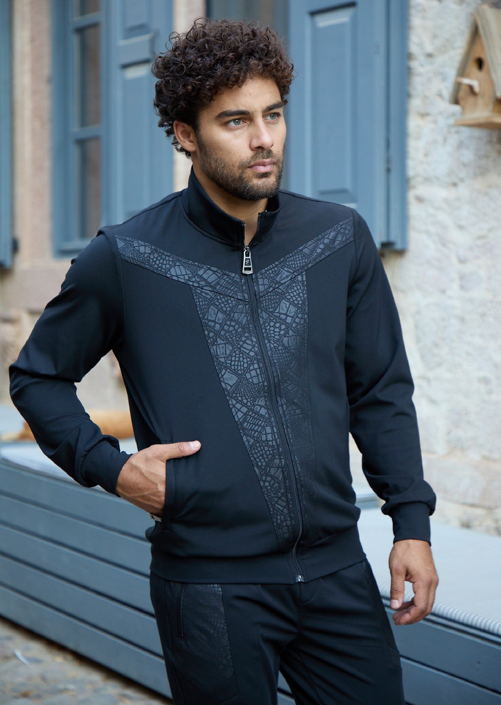 Black Contrast Print Tech 2-pcs Tracksuit