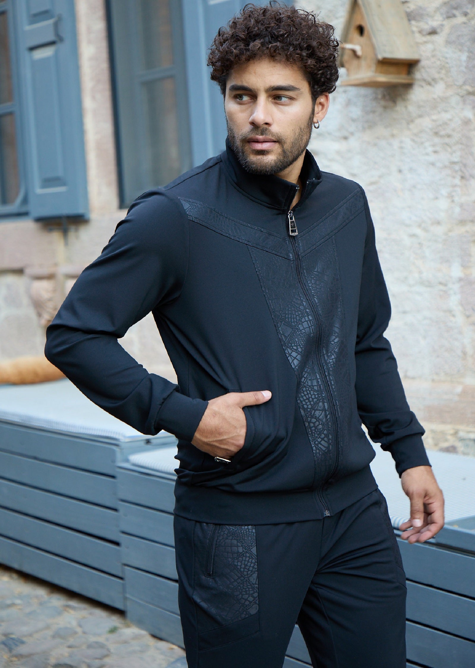 Black Contrast Print Tech 2-pcs Tracksuit